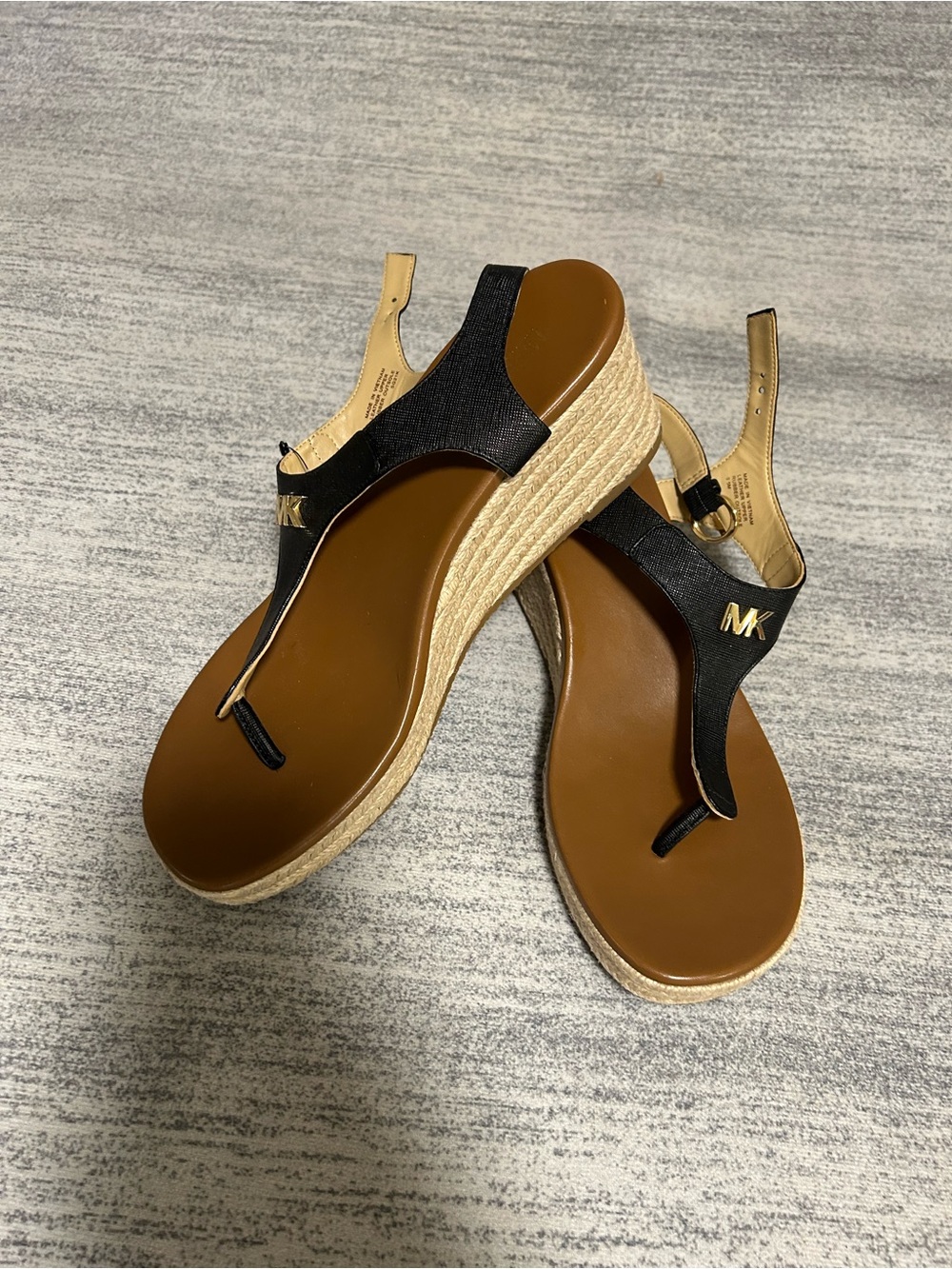 Michael Kors Black Leather Espadrille Wedge Sandals with Gold MK Accent
